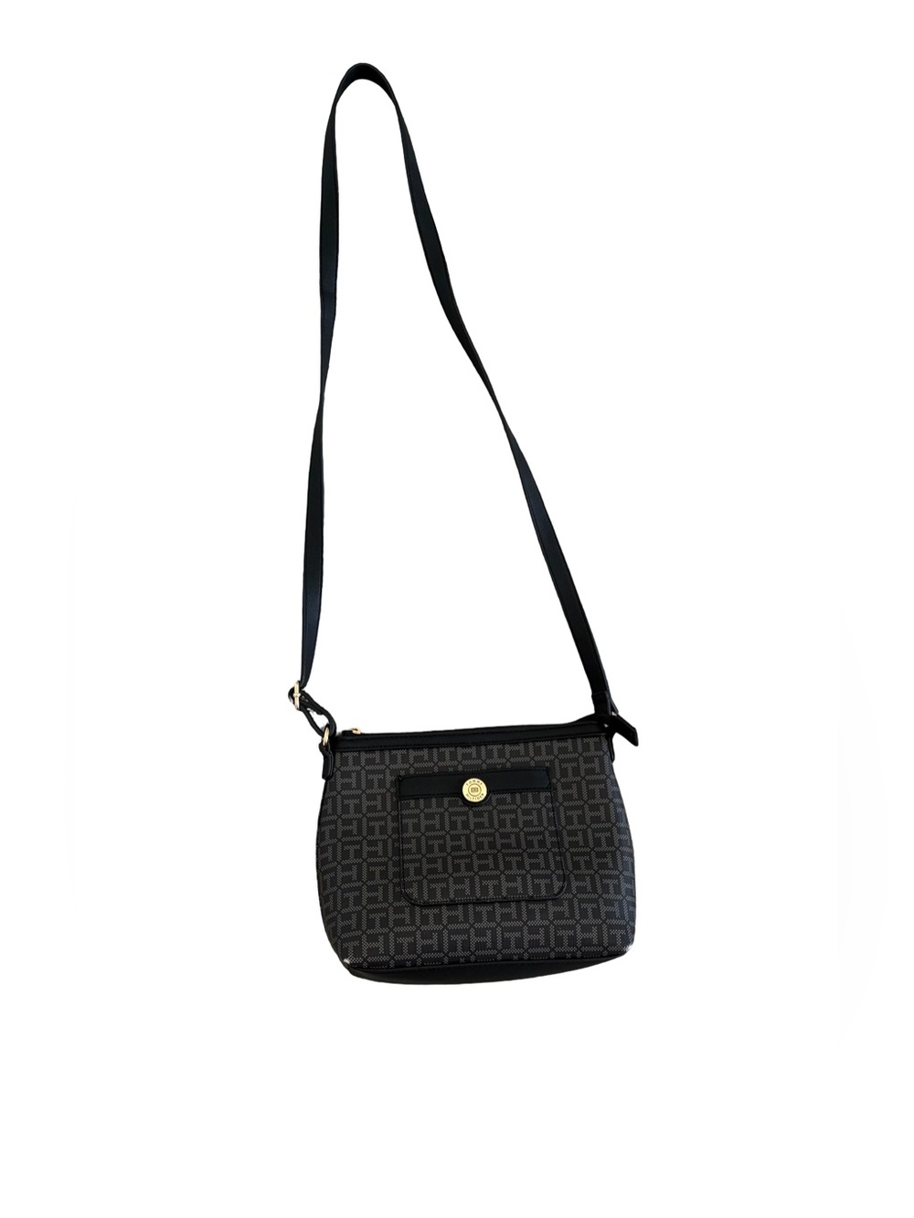 Tommy Hilfiger Branded Black Monogram Crossbody Bag with Gold Hardware